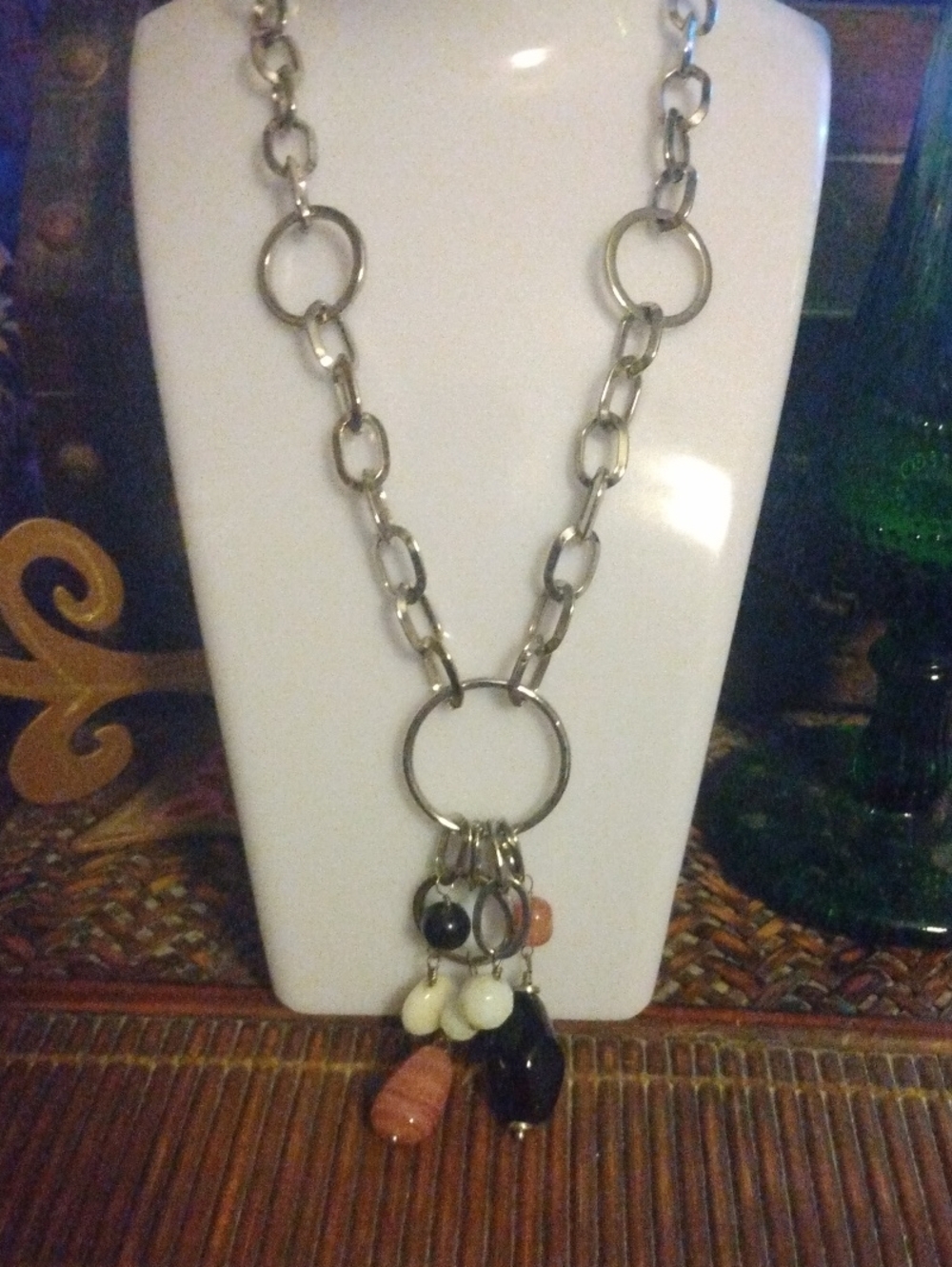 Lia Sophia Silver-Tone Link Necklace with Black, White and Peach Charms